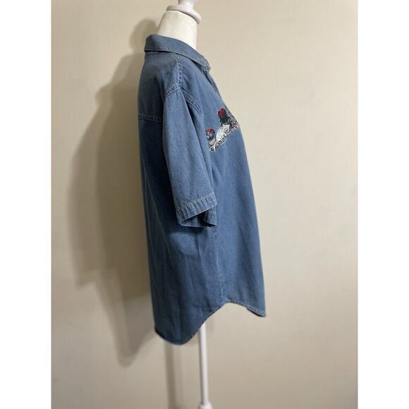 Vintage Embroidered Sunflower Cat Bird Button Front Short Sleeve Denim Shirt Med - Picture 6 of 14